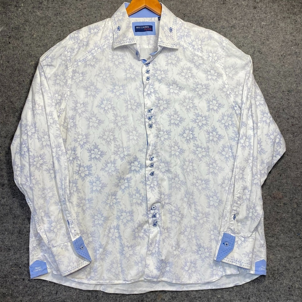 MAX Lauren by Brio Men's Dress Shirt Hibiscus Print White Long Sleeved 4XL